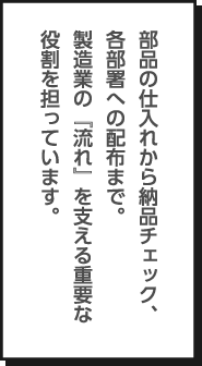 部品の仕入れから納品チェック、各部署への配布まで。製造業の『流れ』を支える重要な役割を担っています。
