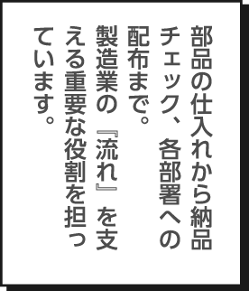 部品の仕入れから納品チェック、各部署への配布まで。製造業の『流れ』を支える重要な役割を担っています。